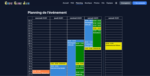 Planning de l'événement sur la plateforme de la Code Game Jam