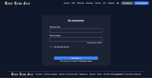 Écran de connexion de la plateforme de la Code Game Jam